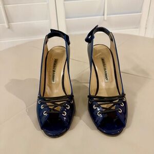 Manolo Blahnik Blue Patent Peep Toe Slingback Heels 35.5